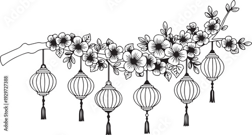 Black and white illustration of hanging paper lanterns with flowering tree branch
