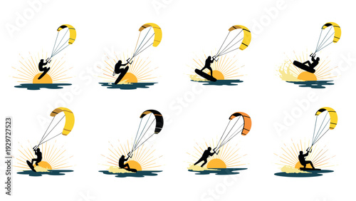 kitesurfing silhouette set with sunset background and colorful kites hand drawn vector icons collection for sports and recreation design