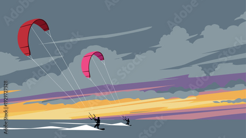 two people kite surfing on the ocean at sunset hand drawn illustration