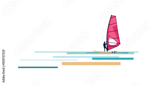 windsurfer with pink sail on the water minimalist flat design sports illustration