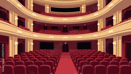 empty theater auditorium with red seats and multiple balconies interior vector illustration