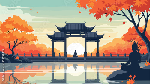 meditating person silhouette by traditional asian pavilion with autumn trees and lake reflection in calm landscape illustration