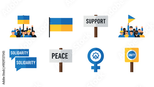 set of flat style icons featuring Ukrainian flag solidarity peace support and unity signs