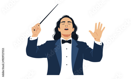 Orchestra Conductor Directing with Baton and Expressive Hand Gesture