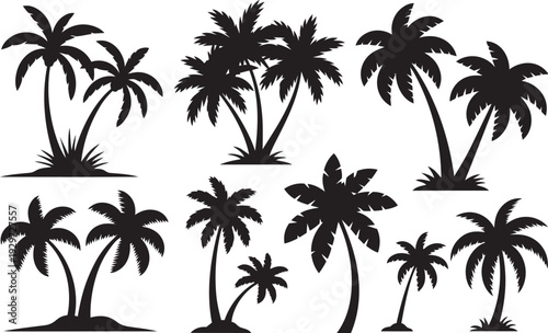 Tropical palm trees set silhouettes