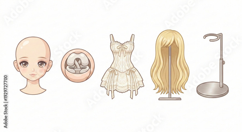 Doll parts, wig, dress, and stand collection on a white background