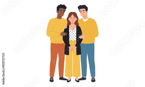 Diverse Group Comforting Woman, Men Embracing Female Friend