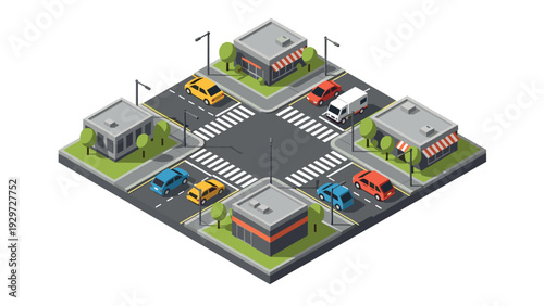 isometric city street intersection with buildings cars and trees flat vector illustration