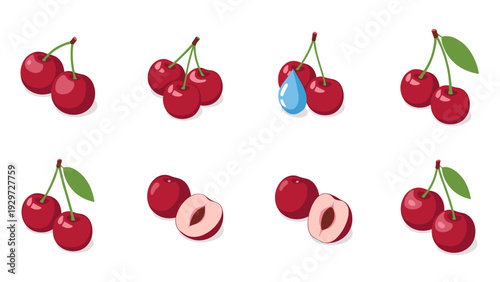 set of hand drawn cherry fruits with leaves half cut and water drop in colorful style