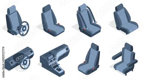 isometric car interior elements set including seats steering wheel dashboard and center console in flat style