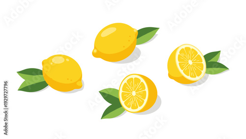 fresh lemons whole and sliced with leaves hand drawn flat style set for food and nature design