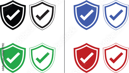 security shield icon with checkmark isolated on white background, vector illustration of protection and verified safety for cyber security and business in colorful solid and outline styles.