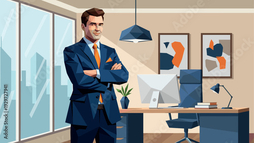 confident businessman standing in modern office interior with desk computer and abstract art hand drawn vector