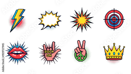 set of colorful hand drawn comic pop art symbols including lightning bolt speech bubble explosion target lips hand gestures and crown