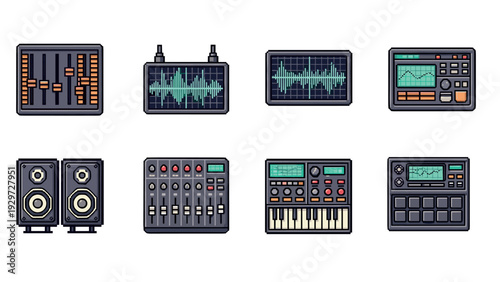 set of pixel art music equipment audio mixer synthesizer and speakers collection