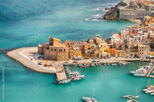 Remarkable aerial cityscape of Castellammare del Golfo town. Popular travel destination of Mediterranean sea.