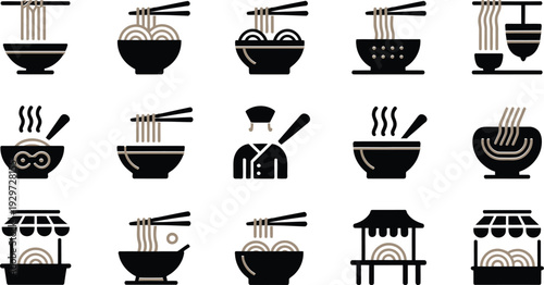 Japanese Ramen Bowl and Asian Noodle Icon Set with Street Food Stall and Chef for Restaurant Branding and Oriental Menu Design