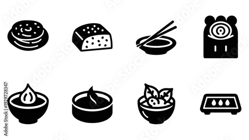 set of black and white hand drawn asian food icons including mochi tofu soy sauce sushi wasabi tea salad and stove burner