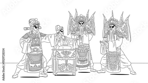traditional chinese opera performers in elaborate costumes and headgear hand drawn line art illustration