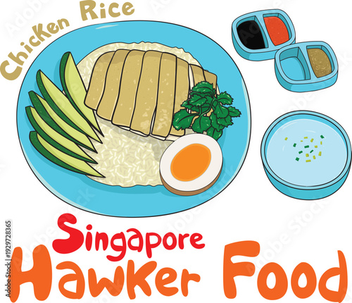 Singapore Chicken Rice features poached chicken on fragrant rice, served with cucumber, egg, cilantro, sauces, and clear soup—capturing the classic hawker-style presentation.