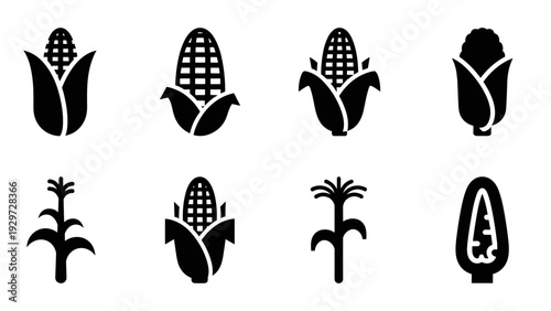 set of black silhouette corn and maize icons simple flat vector illustration