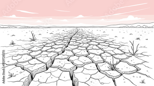 cracked dry earth landscape illustration with hand drawn desert style and sunset sky background