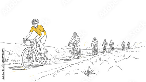 group of cyclists racing on gravel road hand drawn line art illustration