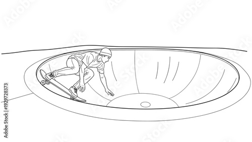 skateboarder riding in a bowl at skatepark hand drawn line art illustration