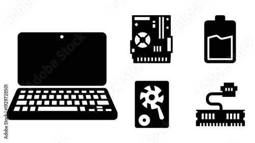 laptop computer and internal hardware components icons set in black silhouette style