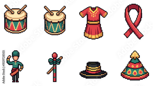pixel art cultural costume and drum icons set in flat style for festival and celebration design