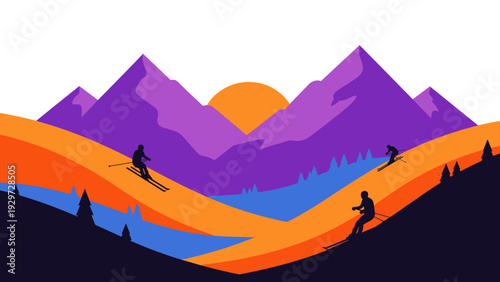 silhouettes of skiers on colorful mountain slopes with purple peaks and orange sunset hand drawn illustration