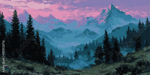 Majestic mountain range at dusk with a vibrant sky and lush green forest below