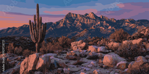 Majestic mountain range at dusk with a vibrant sky and lush green forest below