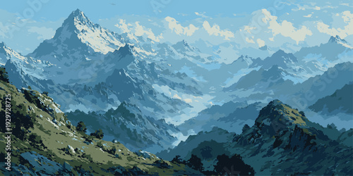 Majestic mountain range at dusk with a vibrant sky and lush green forest below