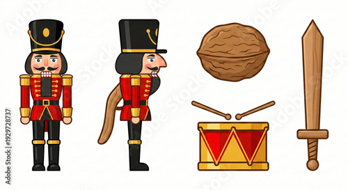 Nutcracker Soldier with Drum, Sword and Walnut Illustration