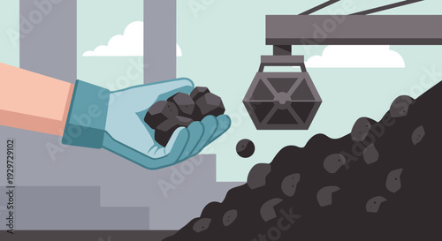 coal mining hand holding coal pieces with industrial crane and pile in flat vector illustration