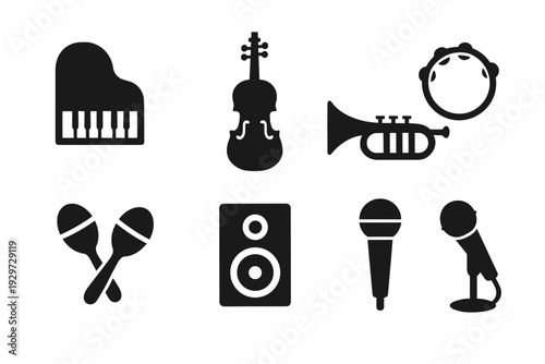 black music instrument icons set hand drawn style with piano violin trumpet tambourine maracas speaker and microphone