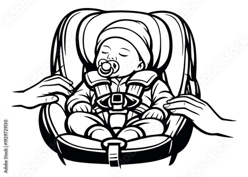 Line art illustration of a baby sleeping peacefully in a car seat depicting security and parental care for child travel