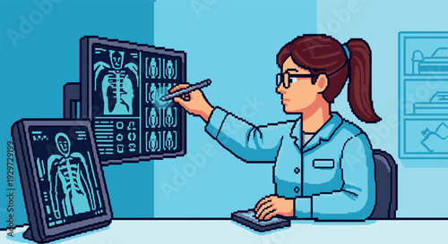 female doctor analyzing x ray scans in pixel art style medical technology illustration
