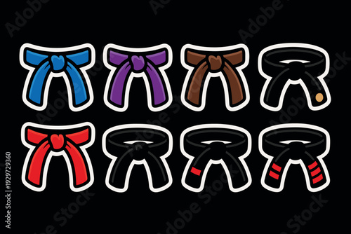 set of martial arts belts icons in hand drawn style with various colors and rank stripes