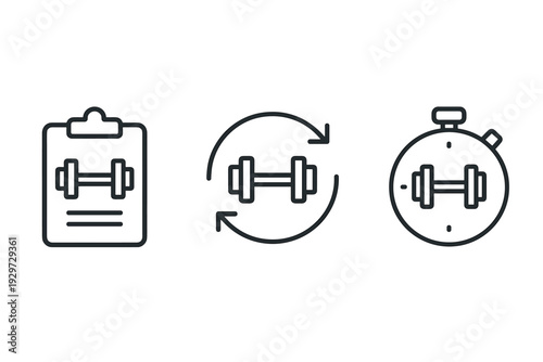 set of hand drawn gym workout icons clipboard routine and timer in outline style