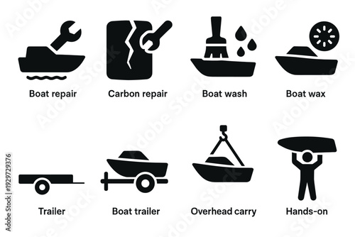 set of black boat service icons including repair carbon wash wax trailer overhead carry and hands on in solid silhouette style
