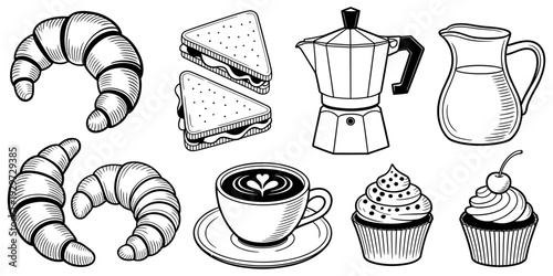 a charming sketch of breakfast items, croissants, sandwiches, coffee and pastries, handdrawn food illustrations, cozy morning meal vector collection.