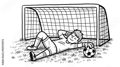 soccer goalkeeper relaxing in front of goal holding ball hand drawn illustration