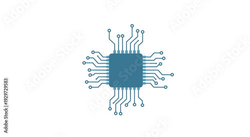 blue microchip with circuit lines technology flat style electronic component illustration