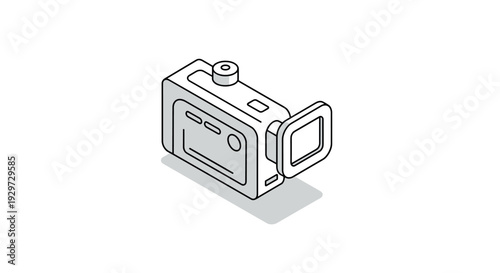 isometric hand drawn video camera with flip screen outline style technology icon
