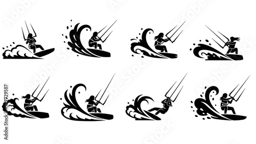 kitesurfing silhouette set with hand drawn wave splashes and riders in action