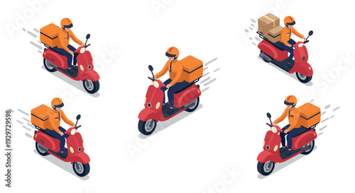 isometric hand drawn delivery scooter with rider in orange uniform and helmet set