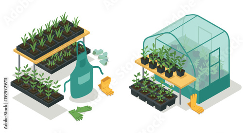 isometric gardening workspace with seedling trays gloves apron and greenhouse for plant cultivation