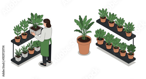 woman tending potted plants on shelves with various green leafy houseplants in a colorful flat hand drawn style